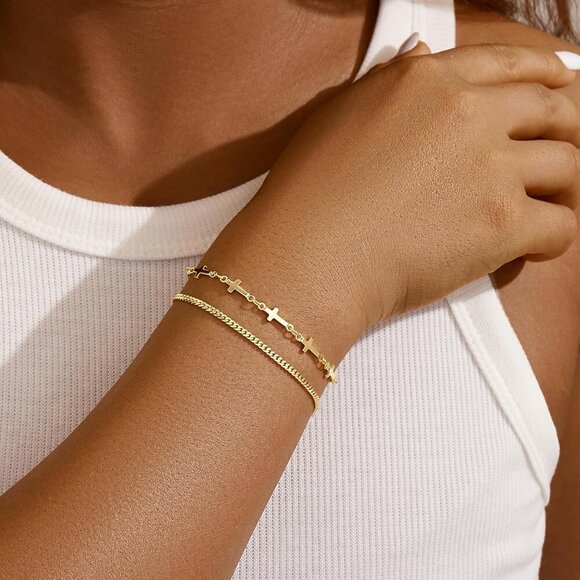 Gold-Style 14 Dainty Stack Cuban Cross, Rope Bracelets Jewelry Gifts for Women - Picture 3 of 8